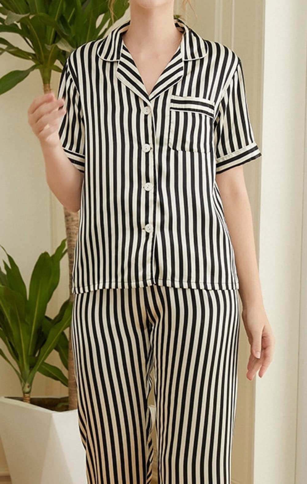 Donna Pigiama Estivo Due Pezzi,Strisce Verticali Bianche E Nere Pigiama Estivo da Donna Set da 2 Pezzi Morbido Pigiama alla Moda Loungewear Regalo per La Festa della Mamma per Moglie Fidanzata Mamma