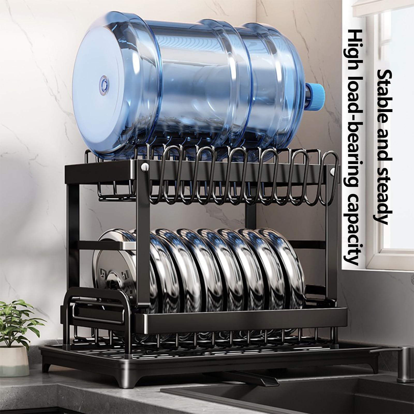 WJWSKI Escurreplatos de 2 niveles para encimera de cocina, estante para platos que ahorra espacio con soporte para utensilios, escurridor de platos de gran capacidad con tabla de drenaje