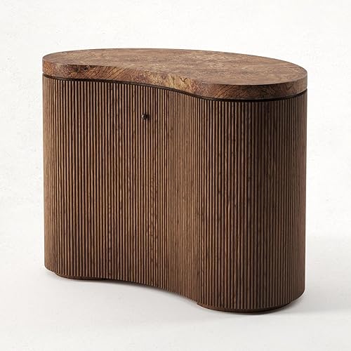 Designer Travertine Entryway Cabinet – Vintage Curved Fluted Storage Console, Artistic Sculpted Hall Table