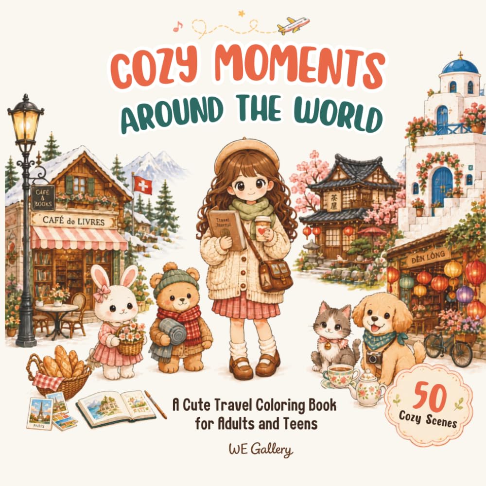 Cozy Moments Around the World: A Cute Travel Coloring Book for Adults and Teens