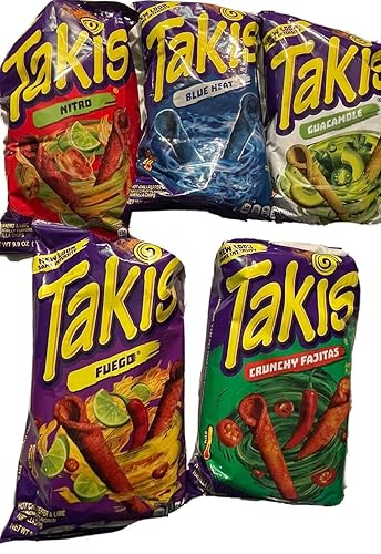 Paquete variado de Taki Takis Blue Heat, Takis Crunchy Fajitas, Takis Fuego, Takis Nitro, Guacamole (cinco bolsas de 9.9 onzas)