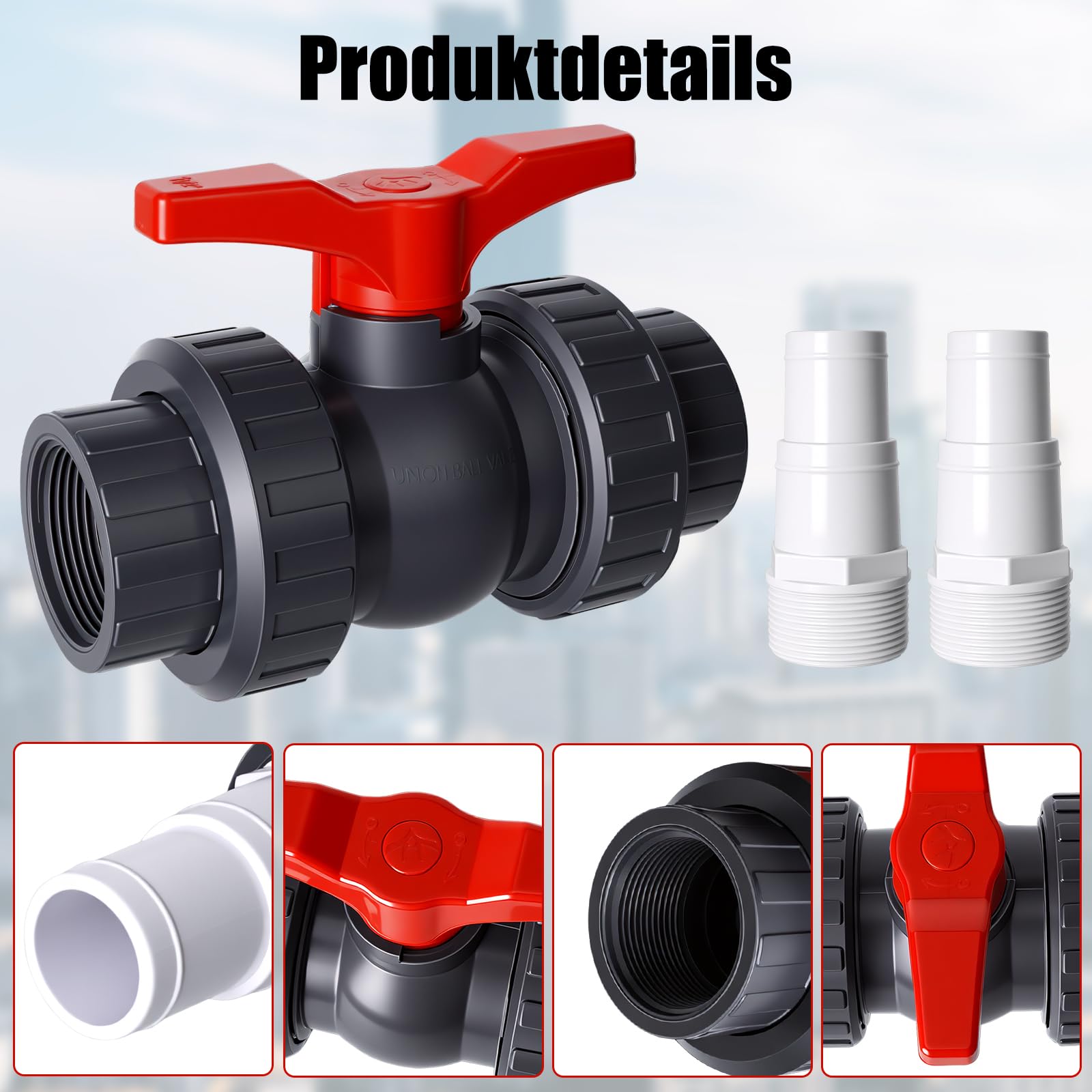 Valvola per Piscina con Raccordo 50 mm, Valvola a sfera professionale per Tubo Flessibile da 32-38 mm Raccordo per Piscina Rubinetto di Arresto da 1 1/2", 2 Raccordi