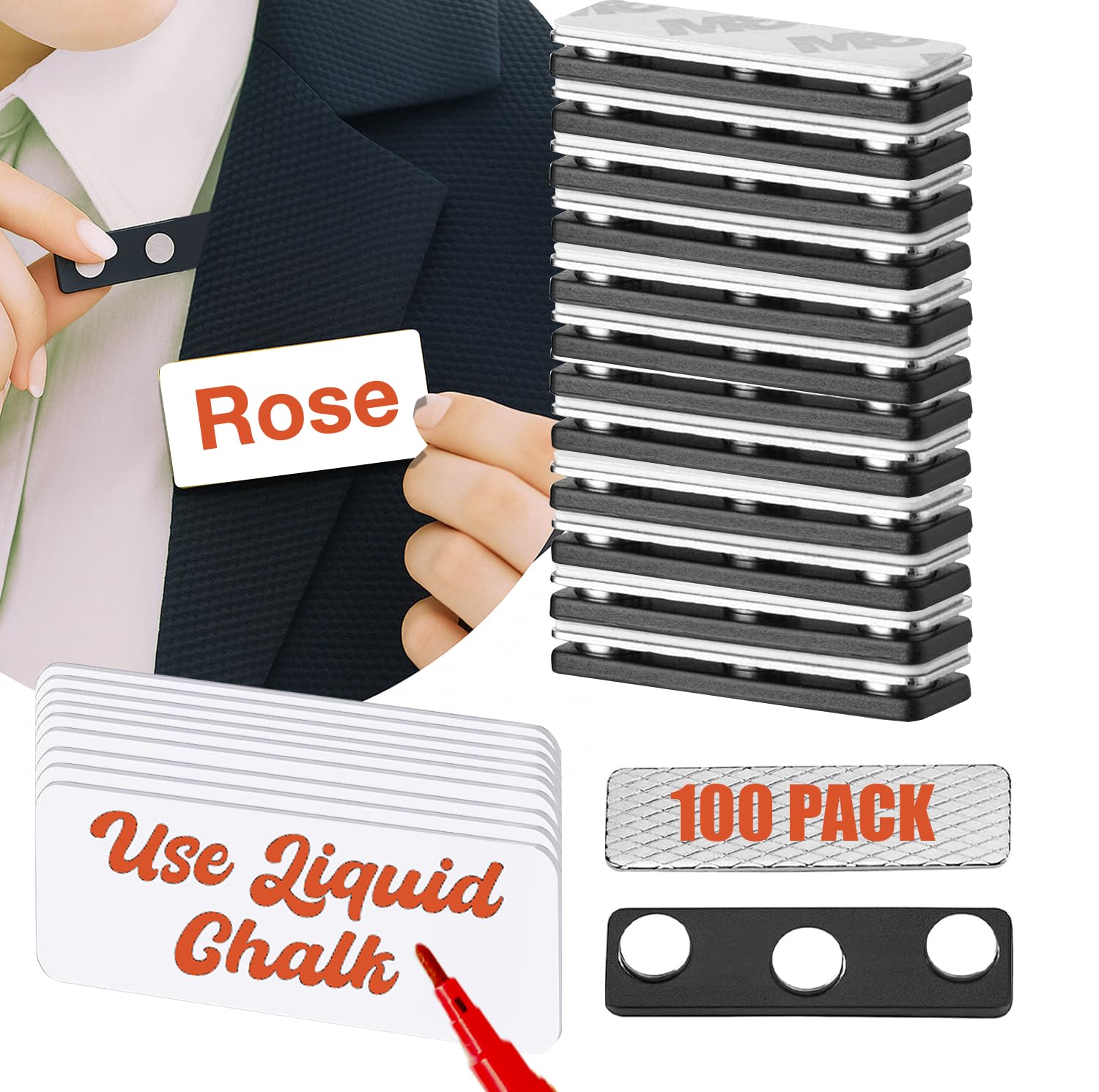 Magnetic Name Tag Holders with Customizable & Reusable Badges for Securely Attaching ID Badges, Name Tags, and Accessories (100 Magnets with Name Tag)