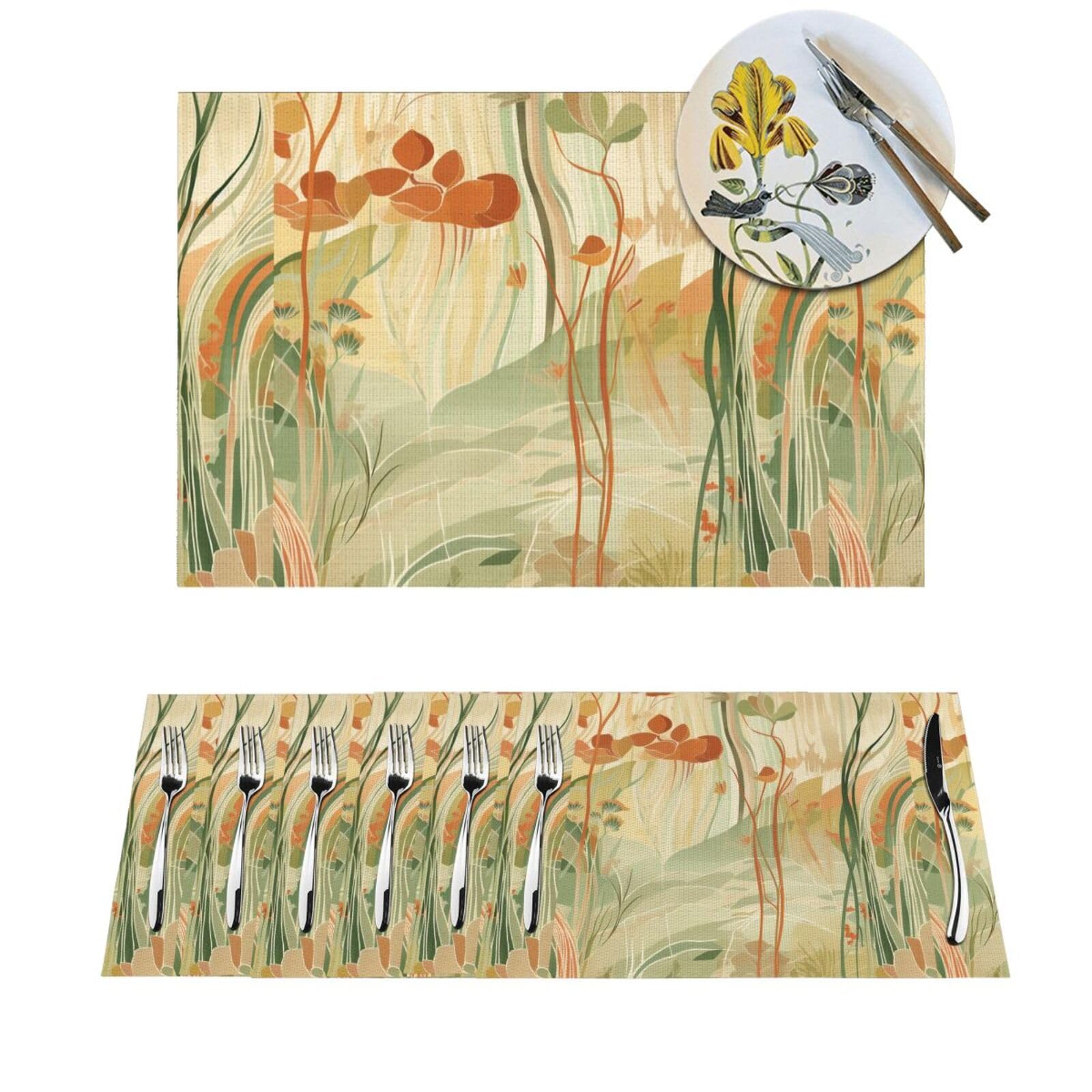 Woven Placemats Orange Line Art Durable Table Mats Indoor Place mats Washable Non-Slip Heatproof Woven Placemats for Dining PVC Place Mat for Dinners Wedding Parties