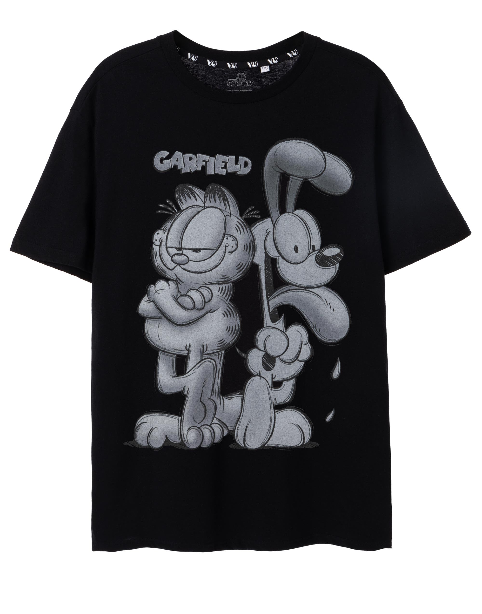 Garfield Mens T-Shirt in Black | Greyscale Classic Comic Strip Graphic Tee | 90s Nostalgia Fashion for Men | Comfortable Short-Sleeve Crewneck Top | Retro Cartoon Character Shirt
