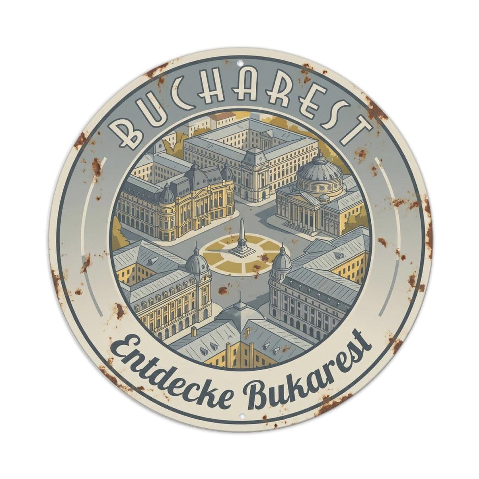 Fqcyn Style Vintage Travel Bucharest Revolution Square Metal Tin Sign