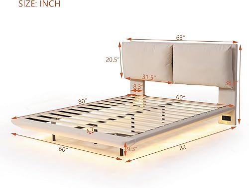 Miniatura 74 de Cama de plataforma flotante tamaño Queen con sensor de luz y cabecero, marco de cama moderno tapizado de terciopelo suave, no necesita somier