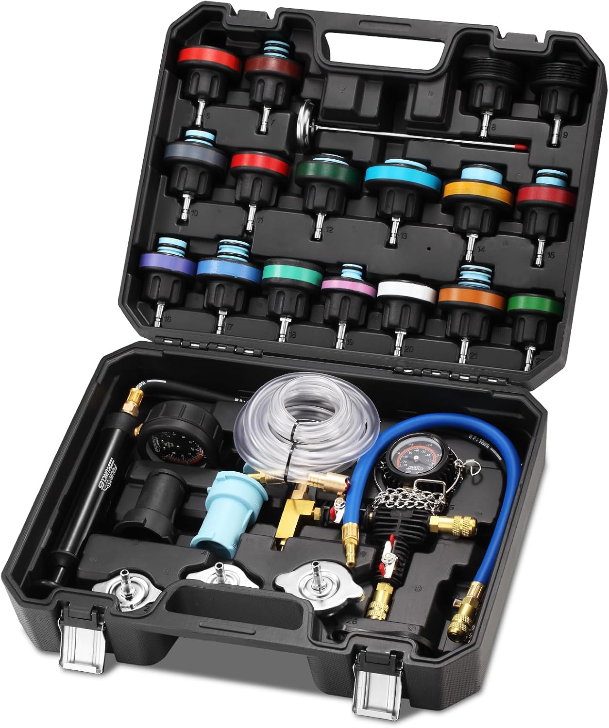 FOUR UNCLES Radiator & Coolant Pressure Tester and Vacuum Refill Kit - 28-Piece Universal Cooling System Leak Tester and Refiller for Cars Motorcycles Trucks (Black)