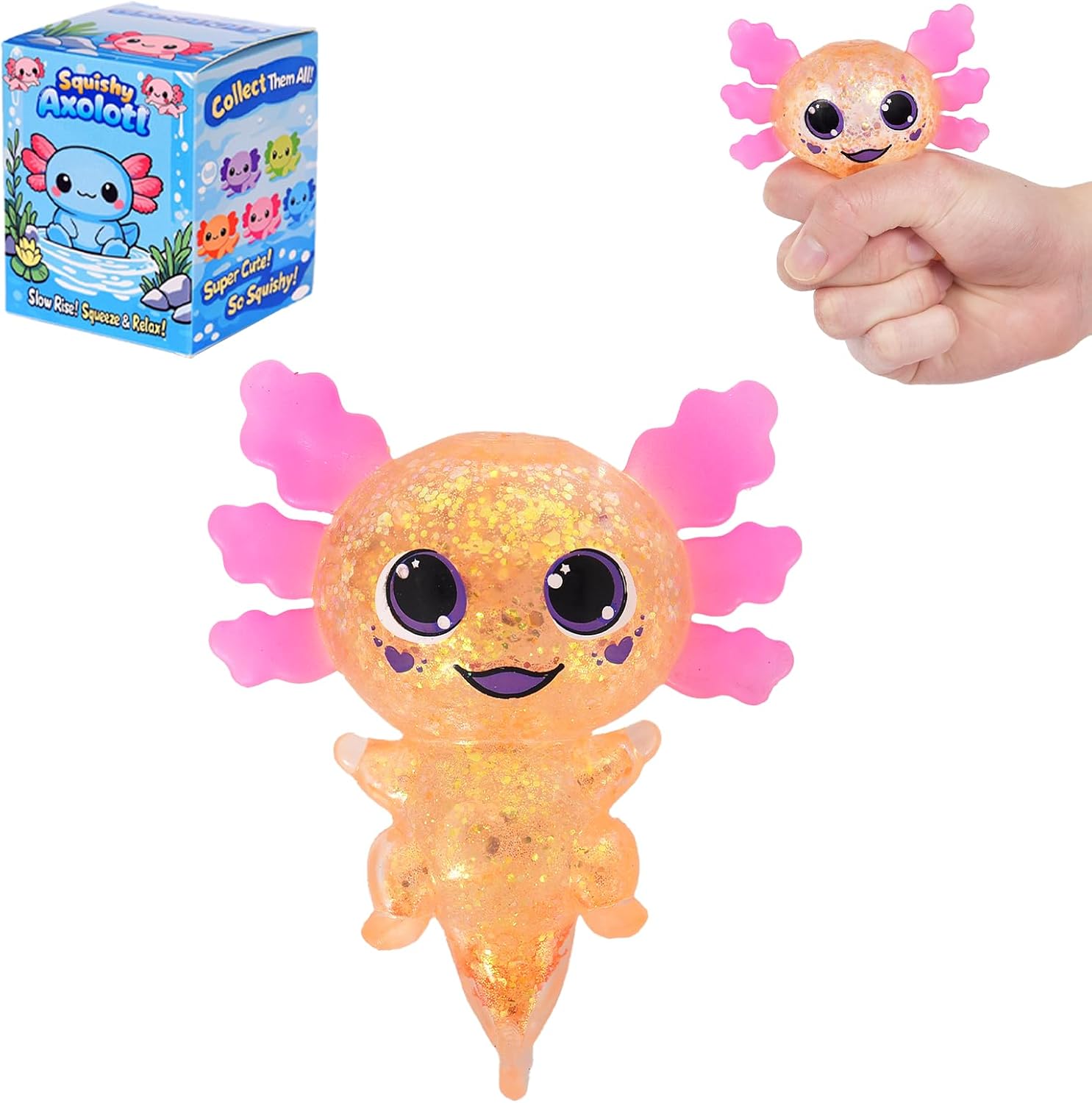 Axolotl Squishy Stress Ball, Soft TPR Slow Rising Squeeze Toy, Cute Axolotl Fidget Toy for Stress Relief, Anxiety Calming Sensory Toy for Kids Adults(Orange BigEars Axolotl)