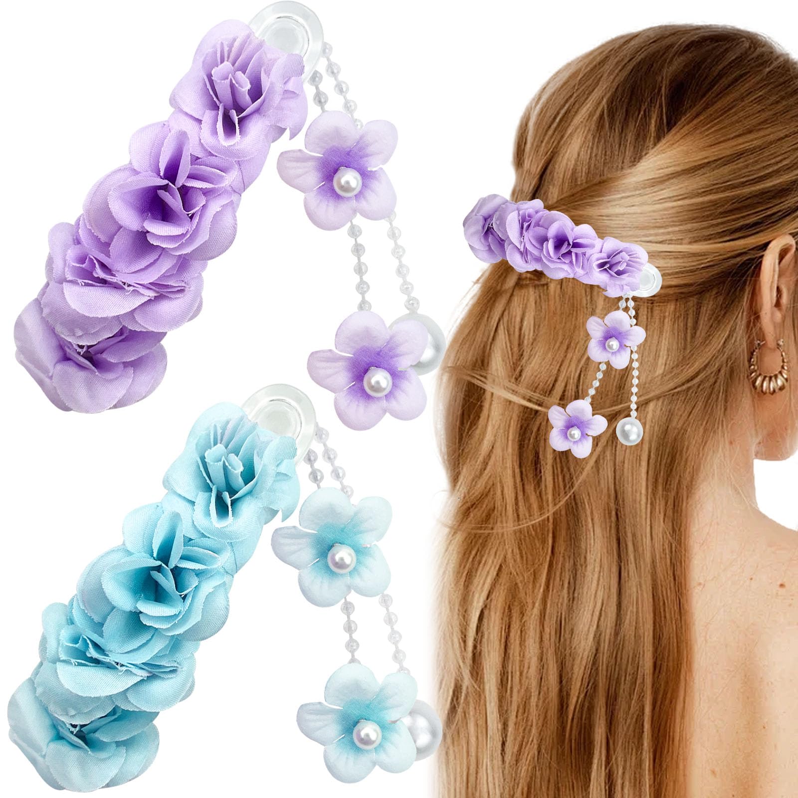 Floral Hair Clips Set, Lily Flower Design, Blue and Purple Hair Claws with Pearl Beads, 2 Pieces