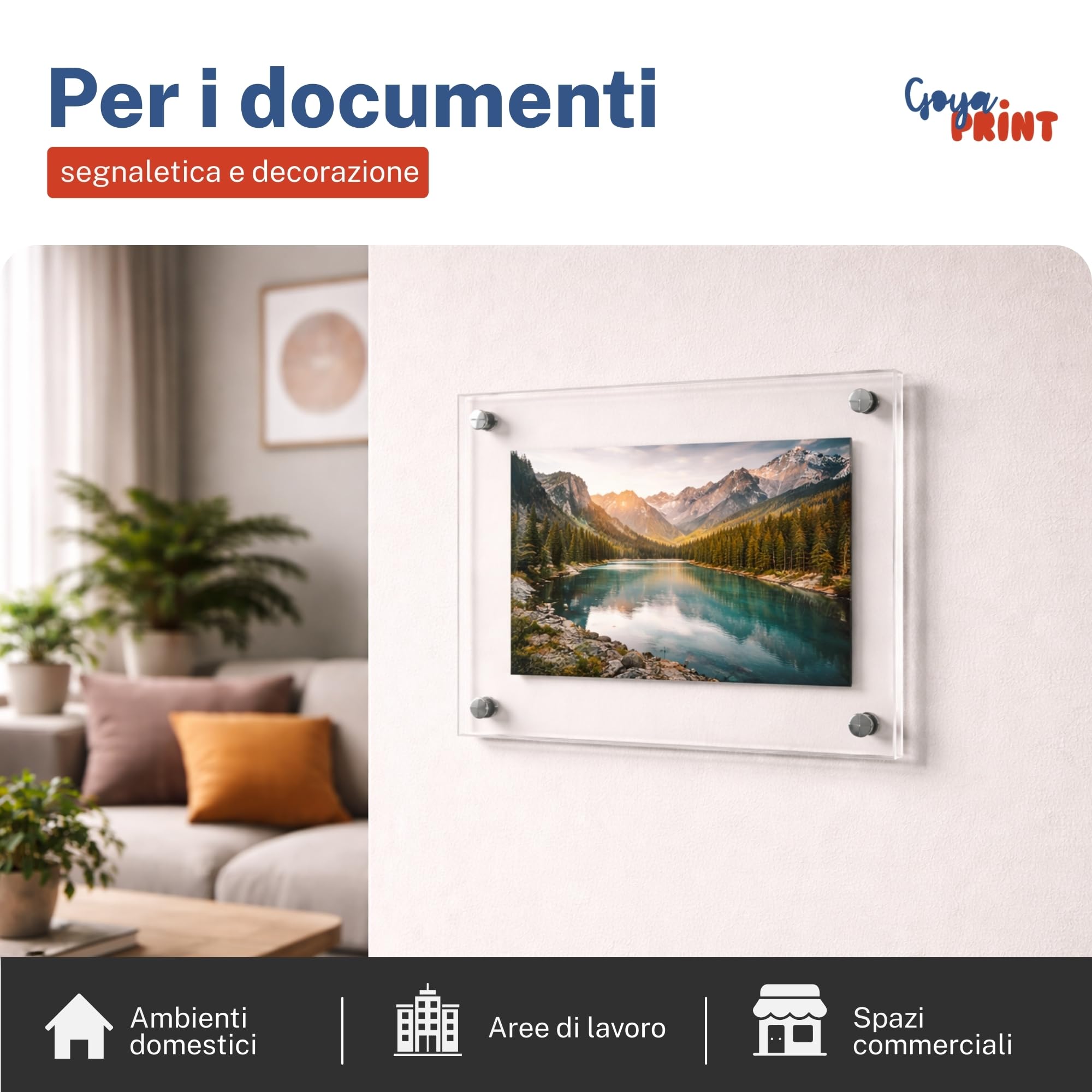 GOYAPRINT | Targa in Plexiglass Trasparente A4 3+3 mm – Doppia Lastra Acrilica con Distanziatori, Fissaggio a Parete per Documenti, Foto e Segnaletica (A4-21X29,7 CM, 3+3 MM)