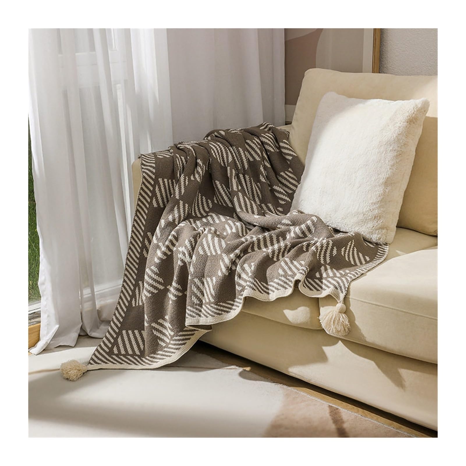 DHJKFU Bohemian Wave Tassels Yarn Knit Throw Blanket for Couch