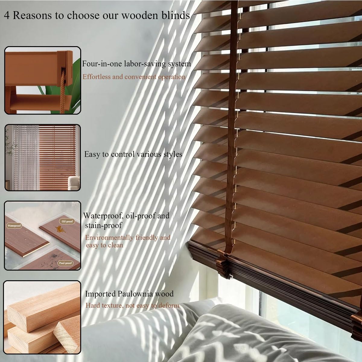 Cordless Window Blinds for Indoor Wooden, Horizontal Kitchen Window Shades Blackout Waterproof 2 inch Faux Wood Blind for Camping Bedroom Bathroom Living Room W 10-80 in H 20-100 in(Black)