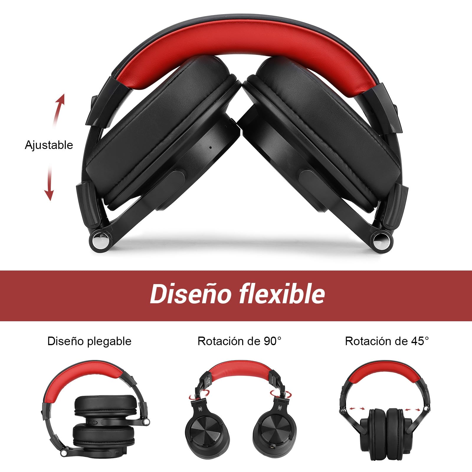 OneOdio A70 Auricurales Bluetooth Inalambricos 72H, Auriculares Diadema Cerrados con Puerto Compartido, Auriculares Cable de 3.5mm para DJ Piano Guitarra Grabación y Monitoreo AMP, Rojo