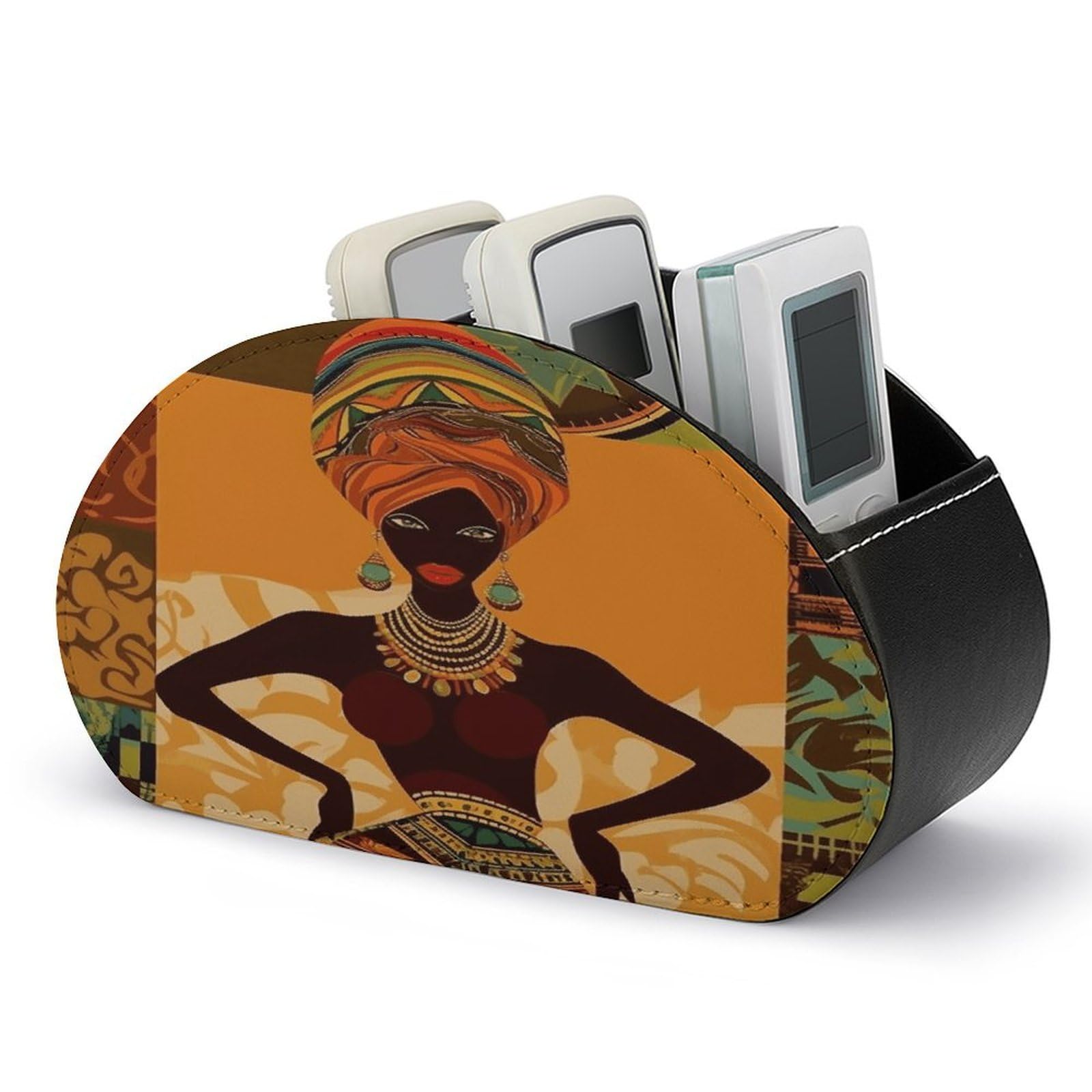 VstaDank African Woman Remote Control Holder with 5 Compartments PU Leather Remote Caddy Desktop Organizer Store TV Remote Control Storage Box for Home Office Desk Nightstand