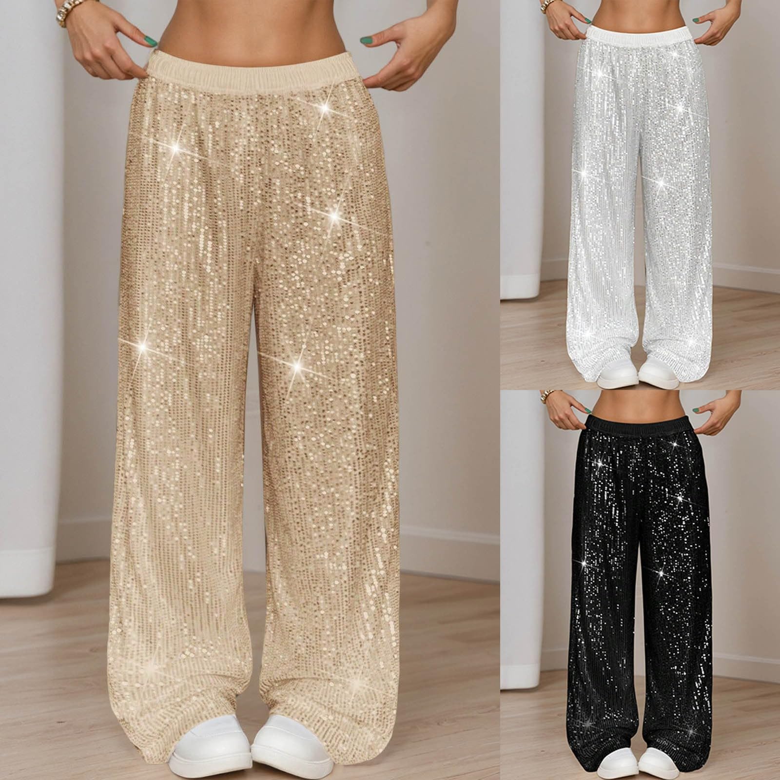 Pailletten Hose Damen Lang Glitzerhose Metallic Weites Bein Freizeithose Elastische Taille Elegant Palazzo Hosen Disco Rave Silvester Party Festival Outfit Karneval Kostüm Glitzer Schlaghose Damenhose