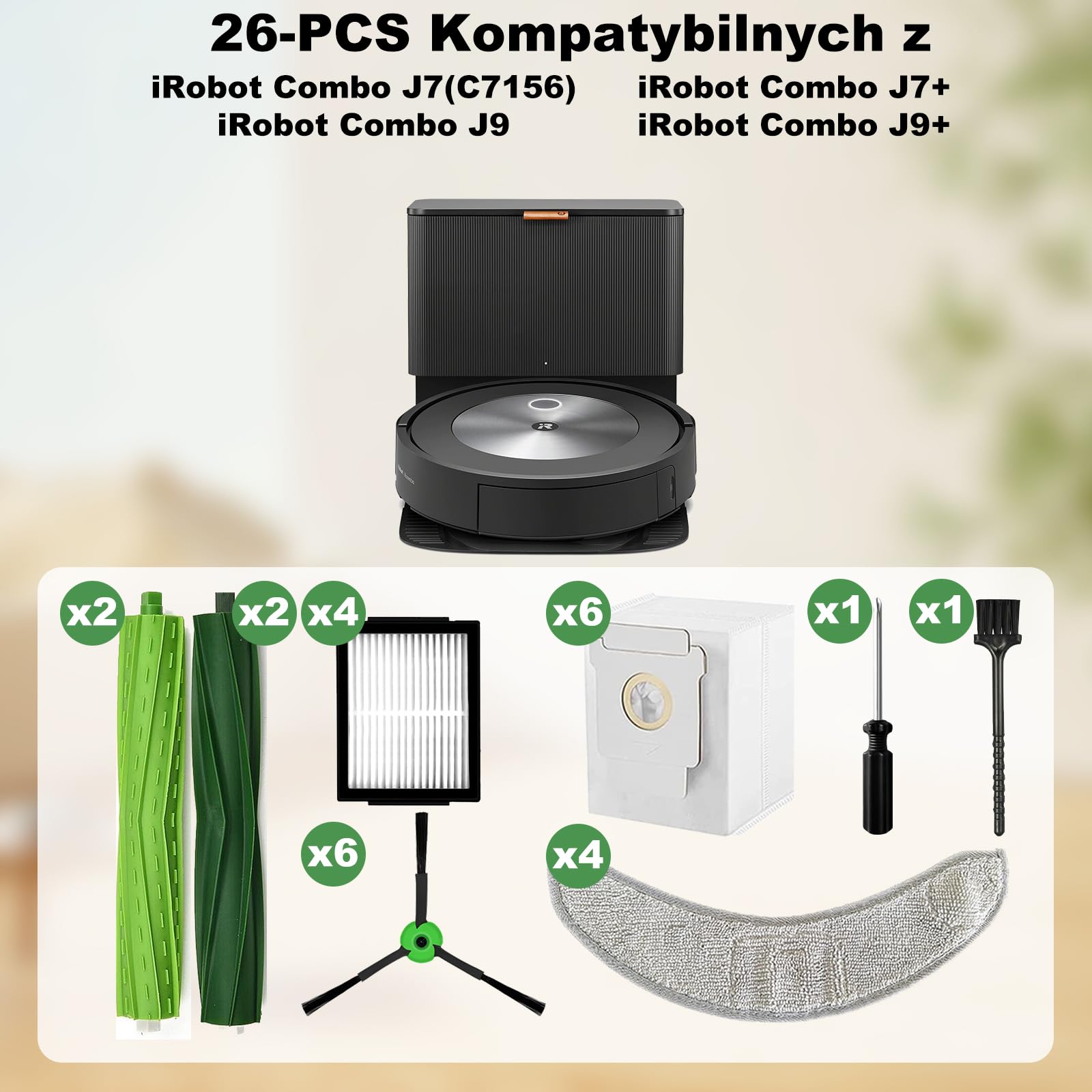 Zestaw 26 akcesoriów do robota iRobot Roomba Combo j7 + (j7 plus)/j9 + (j9 plus)/10 Max robot odkurzający, 4 szczotki rolkowe, 6 szczotek bocznych, 4 filtry HEPA, 4 ściereczki do wycierania, 6