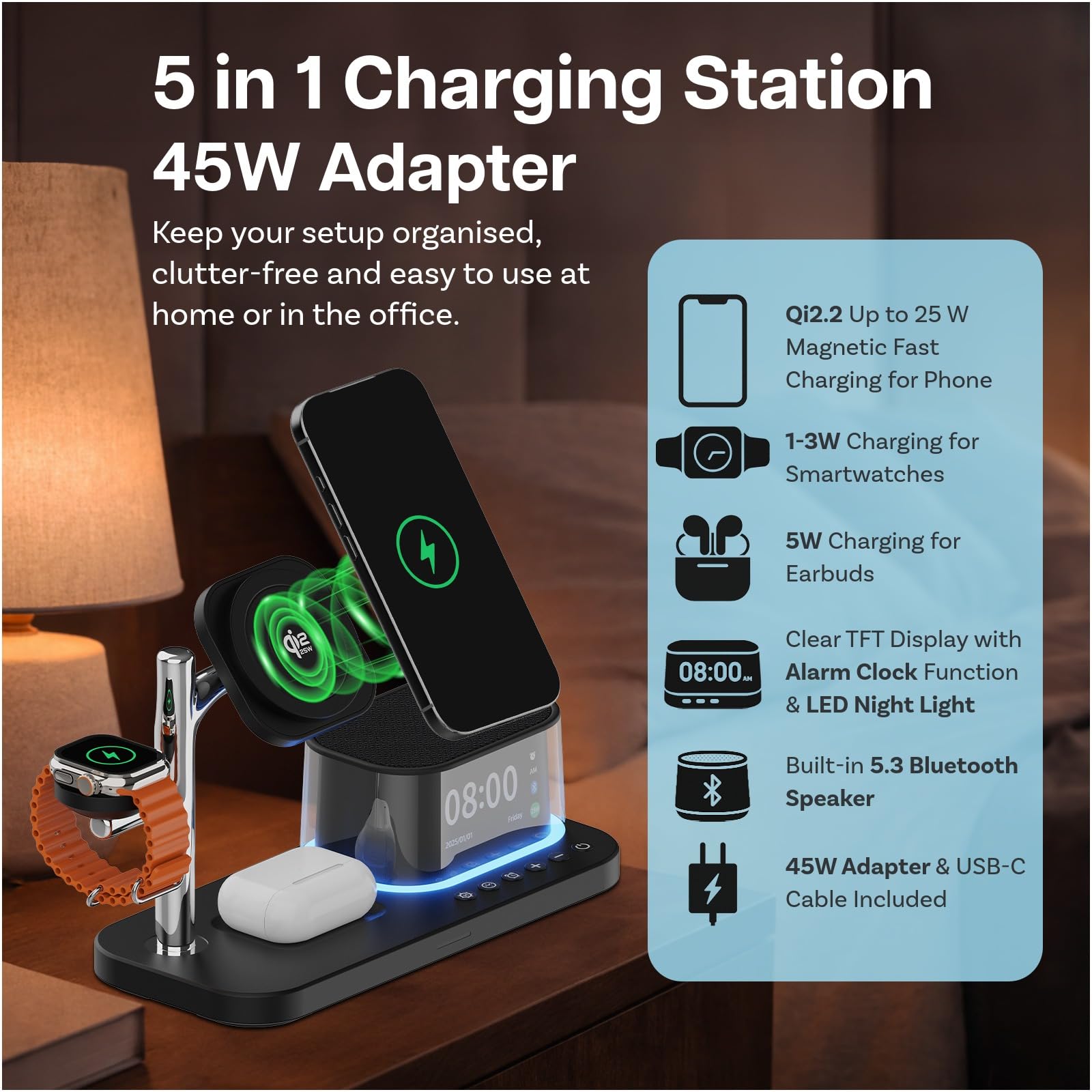 Ładowarka Bezprzewodowa 5 w 1 z Budzikiem, Głośnikiem Bluetooth i Lampką Nocną LED do MagSafe by MMOBIEL – Magnetyczna Stacja Ładująca Qi2.2 25W do iPhone, Apple Watch i AirPods – Czarny