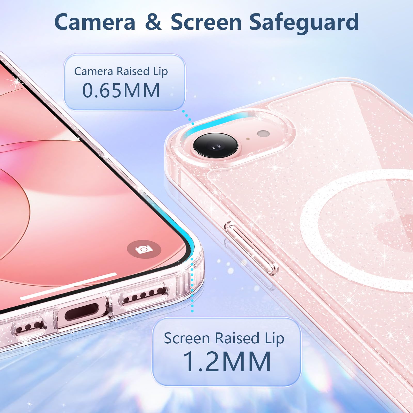 AROYI Coque pour iPhone 17e / iPhone 16e (6,1 Pouces) avec 2 Verres Trempés, Compatible avec Mag Safe, Fine, Scintillante, Glitter Etui Antichoc Housse pour iPhone 17e / iPhone 16e, Transparente - 4