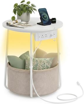 VASAGLE Side Table with Charging Station,Fabric Basket, LED Round End Table