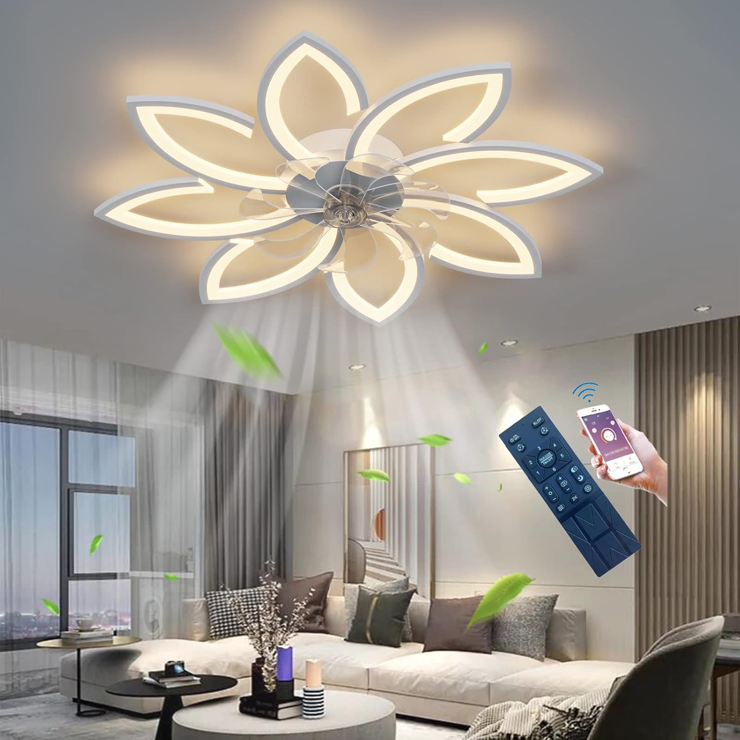 YUEGOO Silent Floral Ceiling Fan with Light and Remote Control Motor 6 Wind Speed Dimmable Ceiling Light with Light for Bedroom Living Room Ceiling Fan/White/90Cm