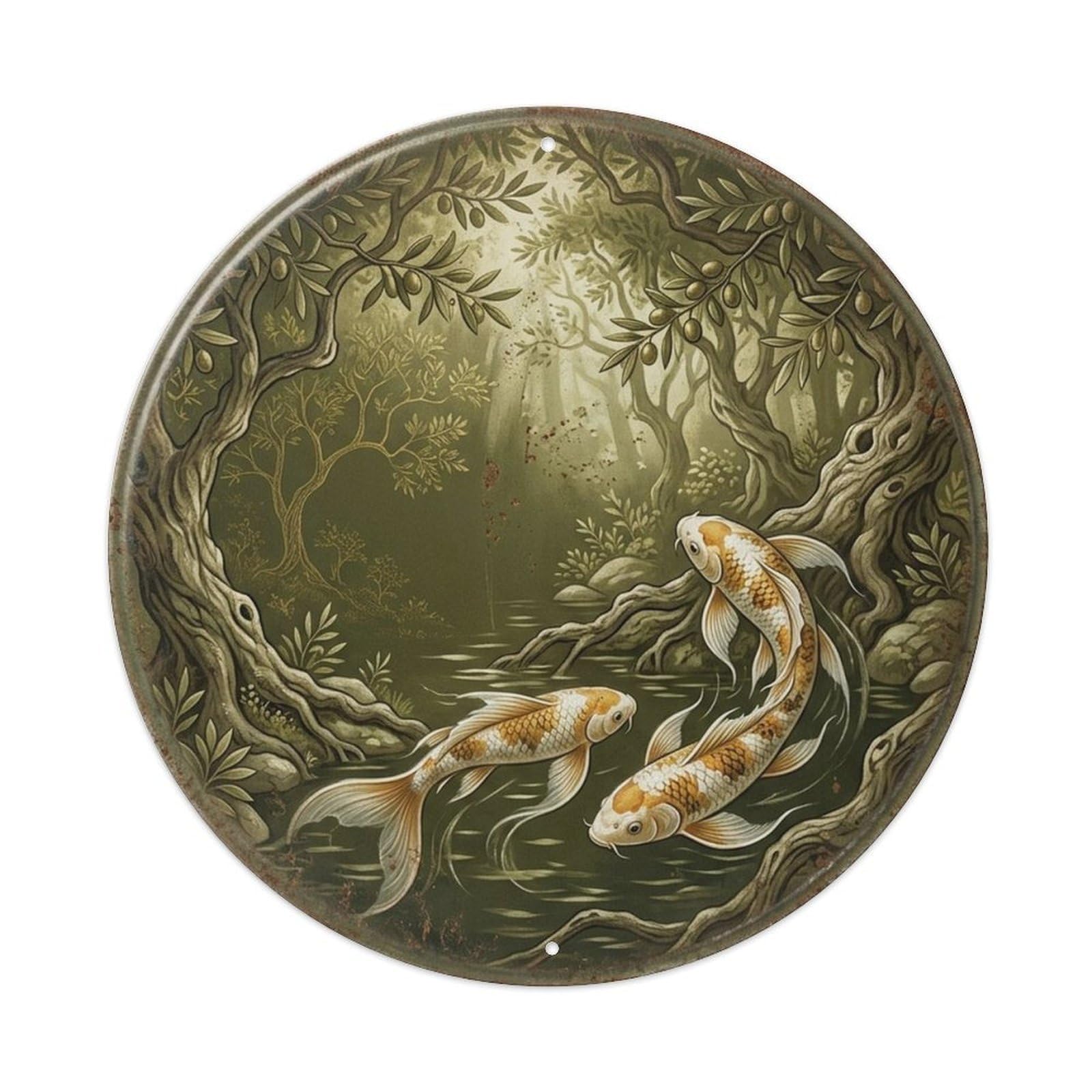 Asian Nature Koi Olive Grove Sanctuary Water Landscape Metal Tin Sign Plaque Wall Decor for Cafe, Man Cave, Club Bar, Office, Home Garden Round Metal Poster 8x8Inch