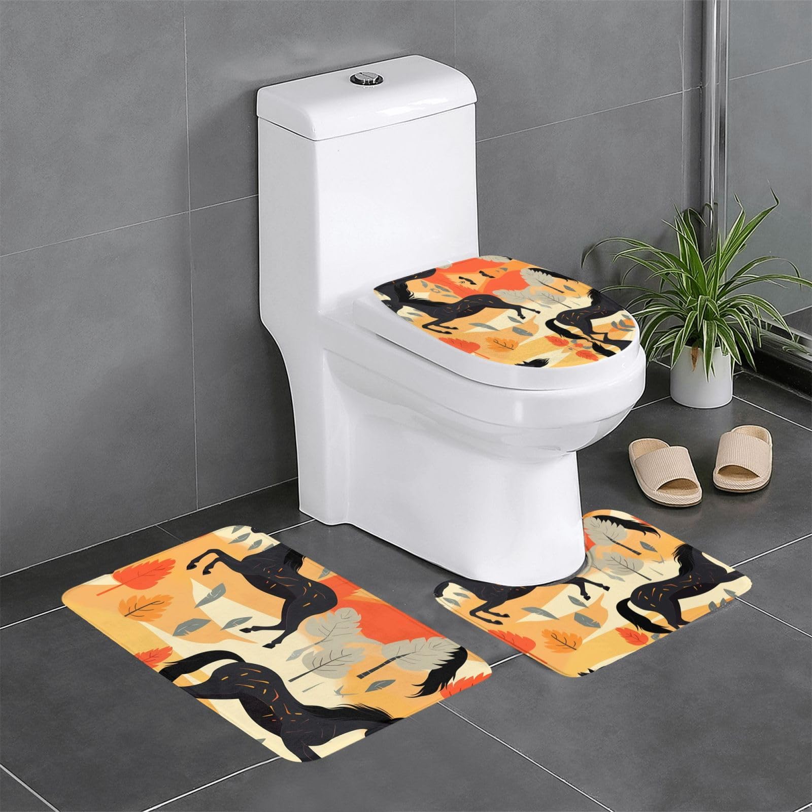 Tapis de salle de bain lot de 3 pour coiffeuse et toilettes au décor cheval noir élégant
