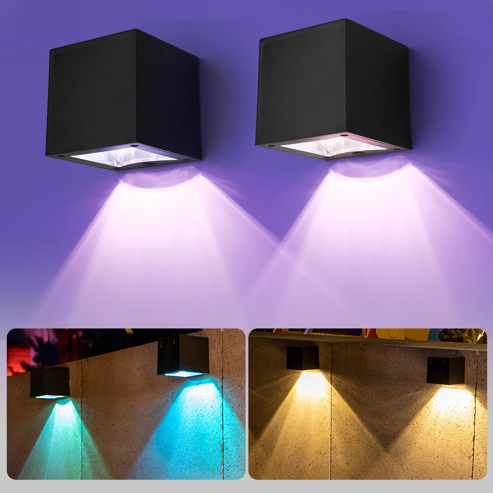 Solar Wandleuchte Aussen, 2 Stück Solarlampen für Außen Garten mit Warmweiß & Farbwechseln Licht, IP65 Wasserdichte Wandleuchte Solarleuchten Zaun Licht für Wand Terrasse Garten Stufen Treppen Zäune