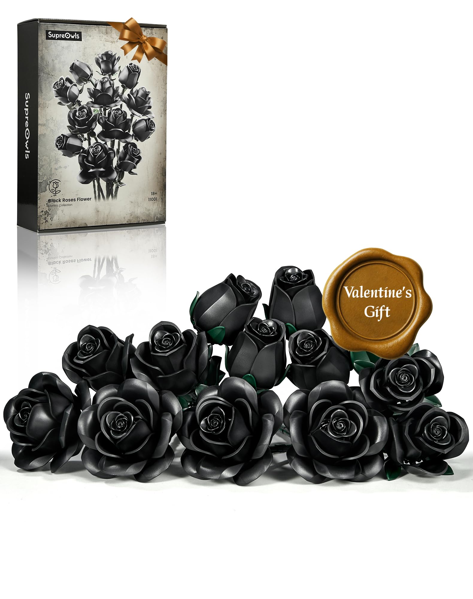 Black Roses Bouquet Building Set, Gothic Horror Flowers Botanical Collection Blocks Kit Compatible with Lego for Adults Women - Gift for Halloween & Valentines - Artificial Plant Home Decor - IA11001