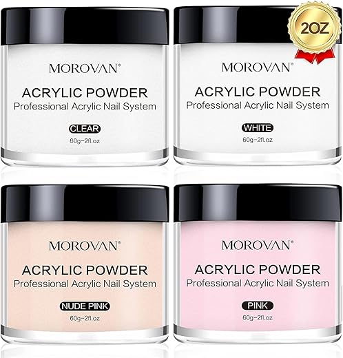 Morovan Acrylic Nail Powder Set: 4 Colors Clear Nude Pink White Acrylic Powder for Nail Extension Carving