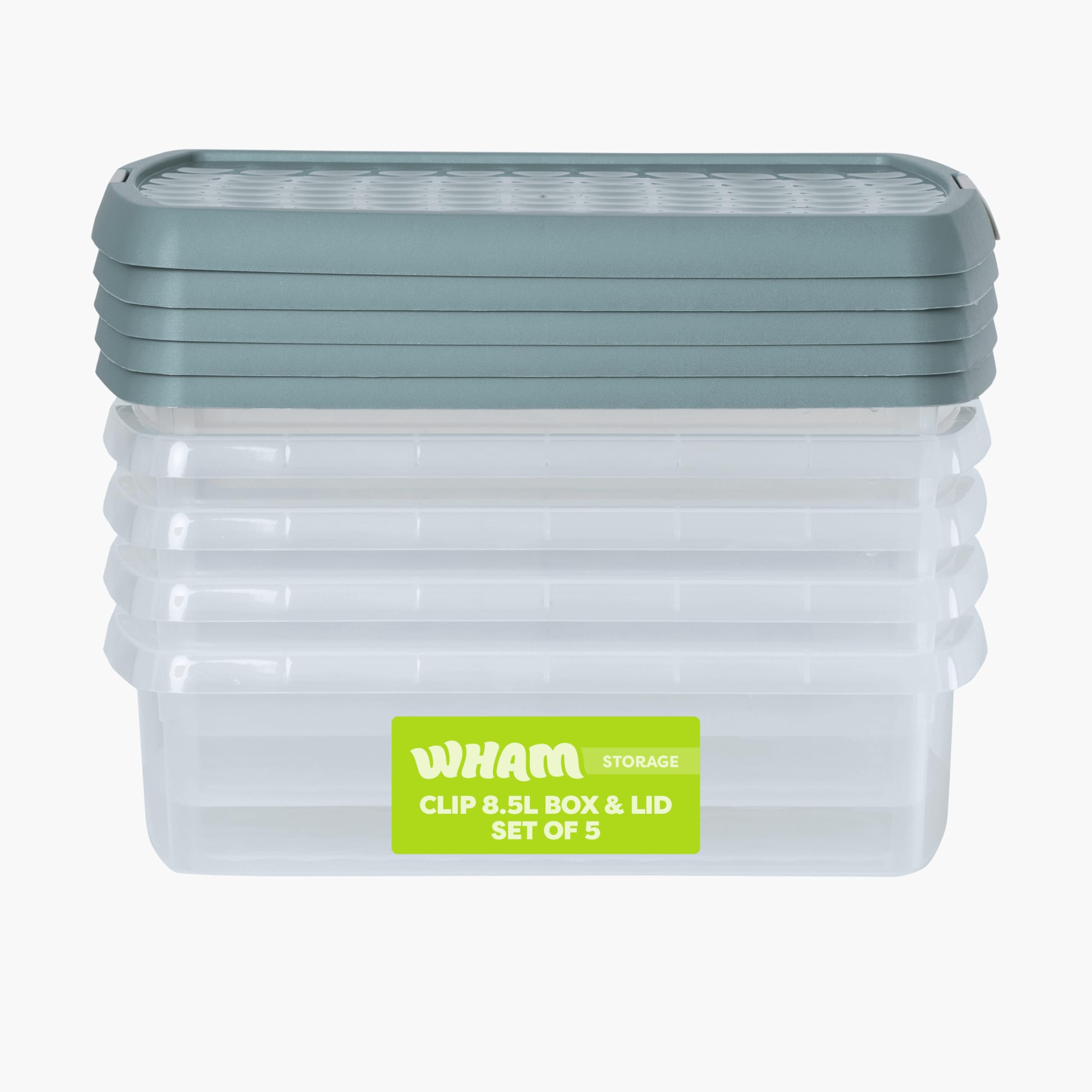 Wham Clip 5X 8.5L Rectangular Plastic Storage Boxes With Clip Lock Lids. Ideal For HomeOfficeToys & MoreClear/green Milieu from B&Q
