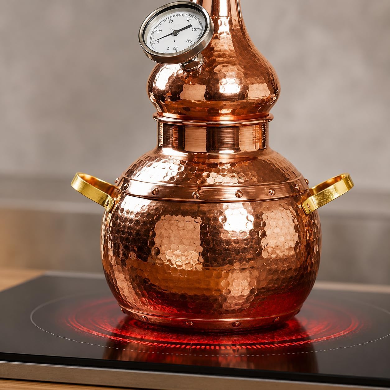 Kit de alambique de cobre puro, destilador doméstico de 3 litros con termómetro, tubo de refrigeración y llama abierta o base compatible con inducción para aceites esenciales e hidrosol
