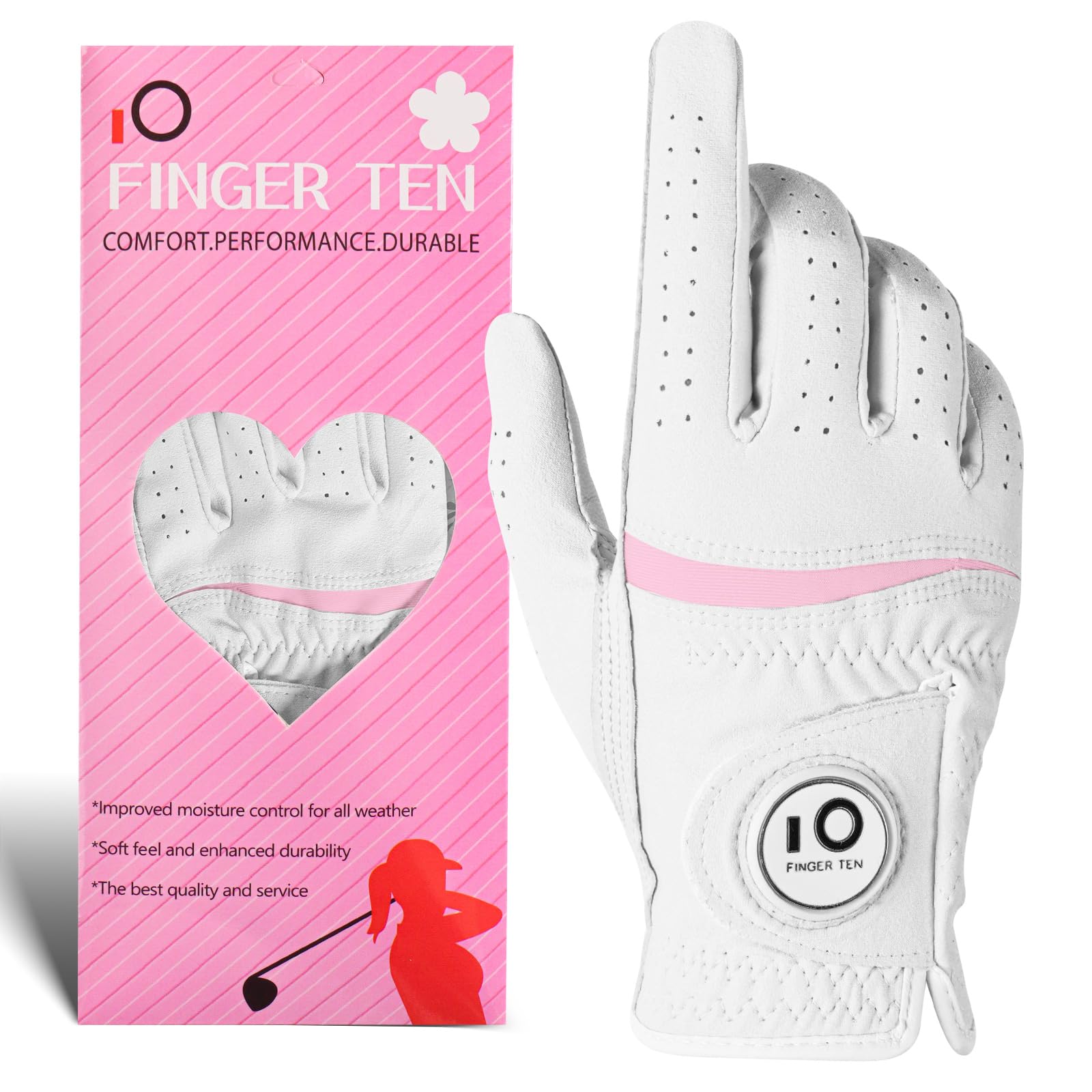 Premium Soft Women's Golf Gloves with Magnetic Ball Marker 1 Pack, Breathable Leather Gloves with All Weather Enhanced Grip, Fit for Left & Right Handed Golfers (White, S (Worn on Right Hand))