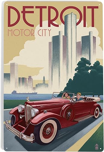 Lantern Press Letrero de metal de 12 x 18 pulgadas, Detroit, Michigan, coche vintage y horizonte