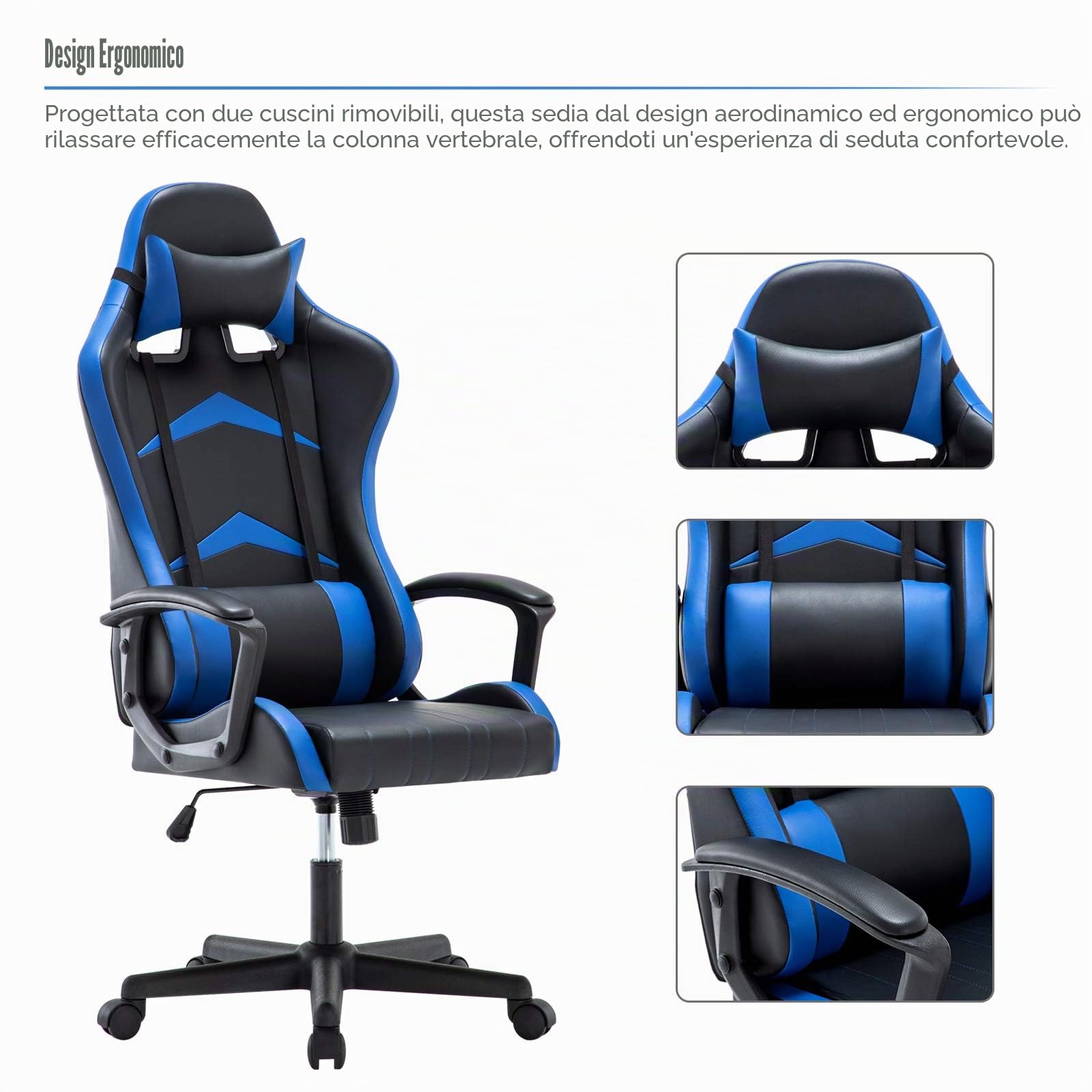IntimaTe WM Heart Sedia da Gaming, Poltrona Gaming Sedia Ufficio Gaming Meccanismo di Inclinazione, Schienale Alto Ergonomica, Sedia da Gioco con Comoda Supporto Poggiatesta e Lombare, Blu