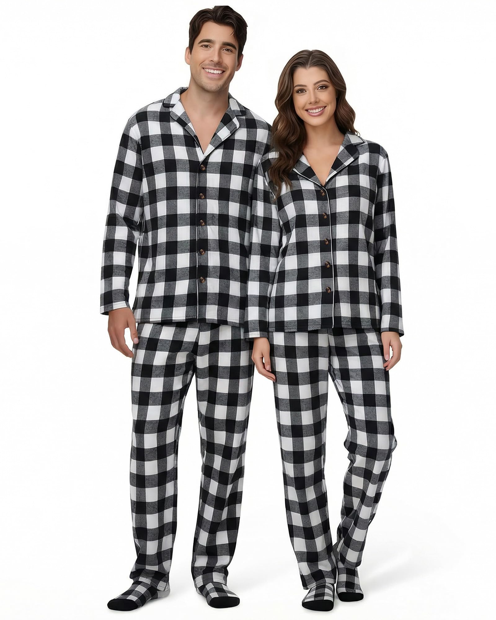 Liitrsh Conjunto de pijamas de Navidad a juego para parejas con calcetines, pijamas familiares a cuadros de manga larga con botones, ropa de descanso cálida