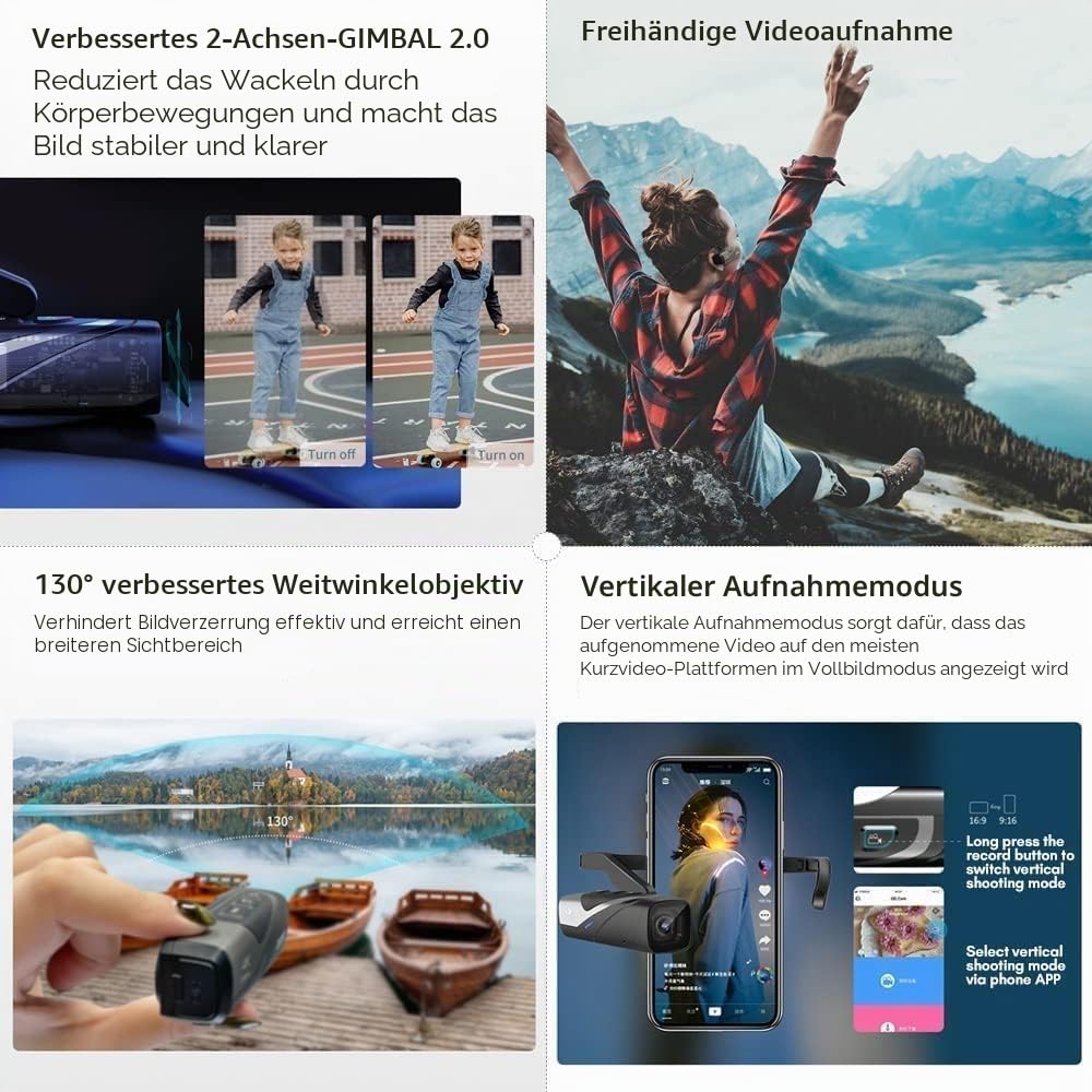 ORDRO Videokamera 4K EP8 Tragbare Kamera POV-Aufnahmen, Ultra HD 4K 60fps Camcorder mit 1/2,8" Sensor, 2-Achsen-Gimbal-Stabilisator, 2,4/5G WiFi, Mit Fernbedienung und 64GB MikroSD Karte