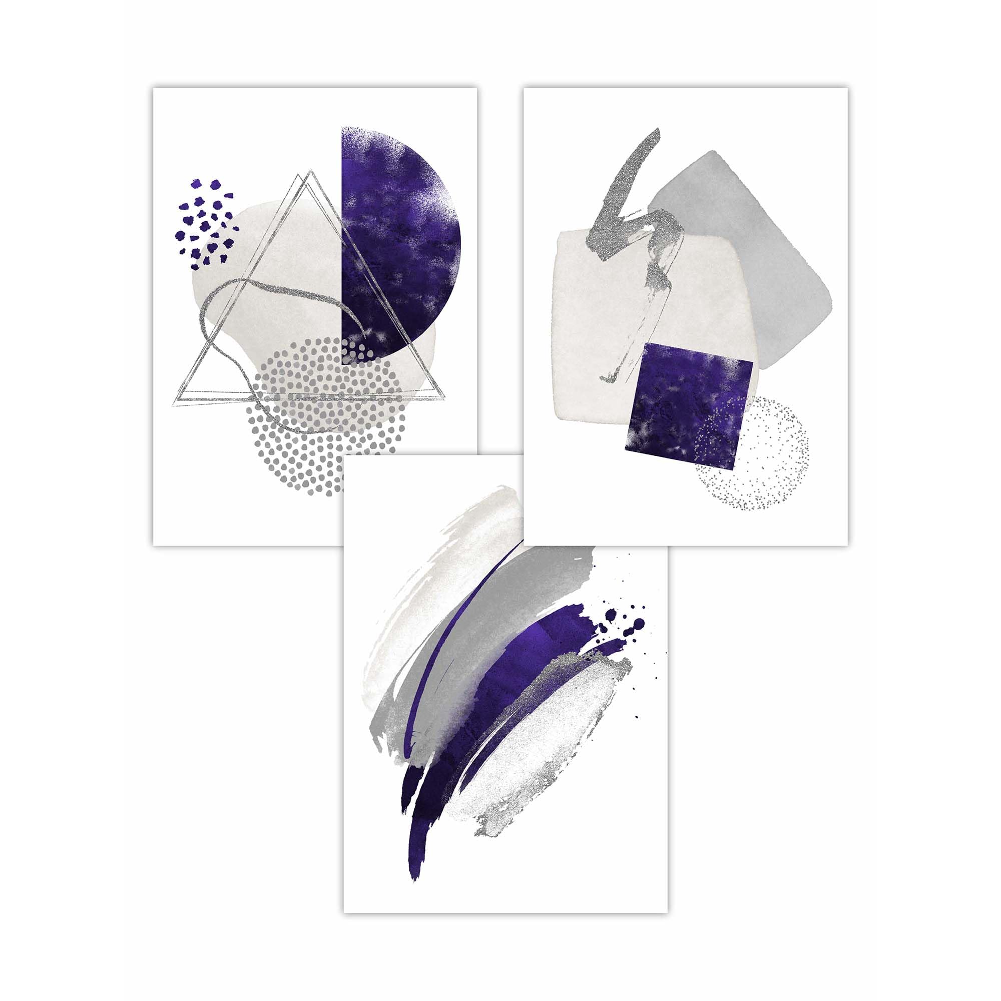 ARTZE Set of 3 Abstract Purple and Grey Wall Art Prints Only Size: (A3-29.7 x 42 cm), Purple / Grey, A3 - Prints Only - Image 2