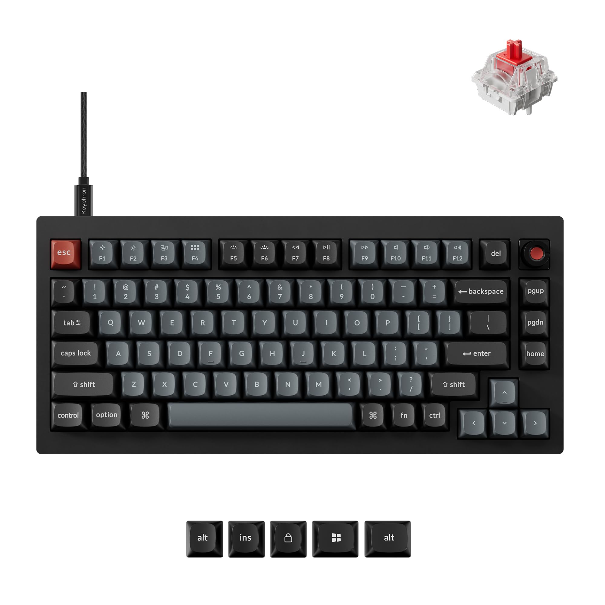 Keychron V1 8K 75% Wired Mechanical Keyboard with knob, QMK/VIA Programmable, Hot-swappable with Keychron Super Red Switchs, 8000 Hz Polling Rate, RGB