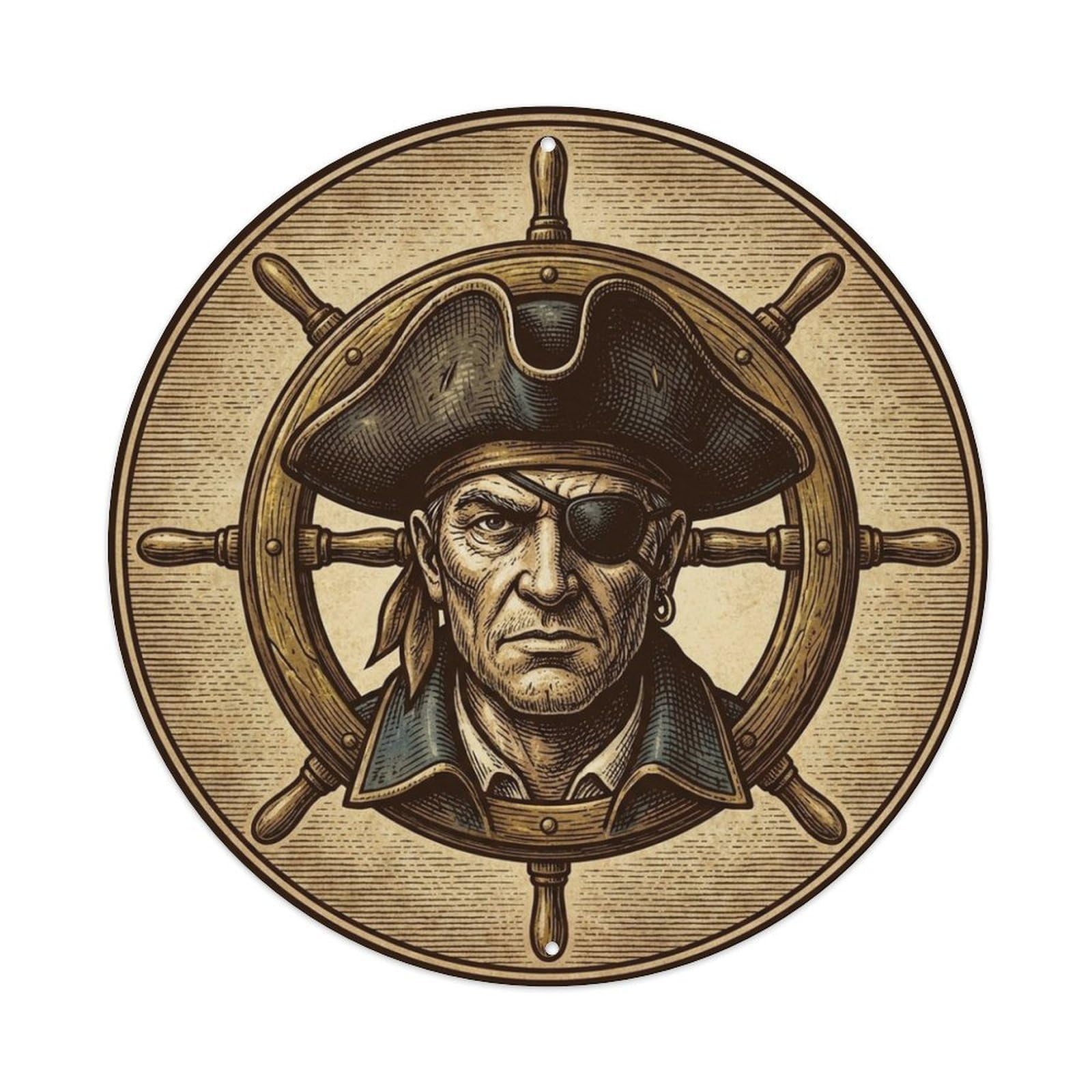 Pirate Skipper Ship Wheel Nautical Portrait Metal Tin Sign