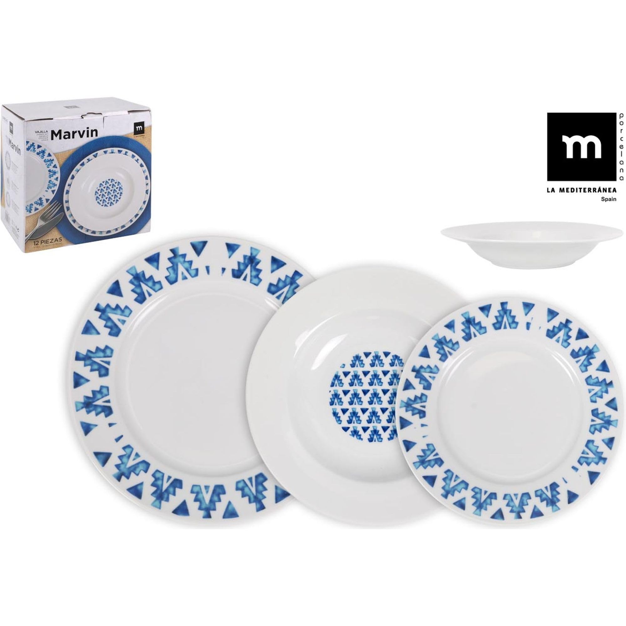 La Mediterránea Vajilla Completa 12 Piezas de Vidrio Templado - 4 Platos Llanos, Hondos y de Postre - Colección Marvin
