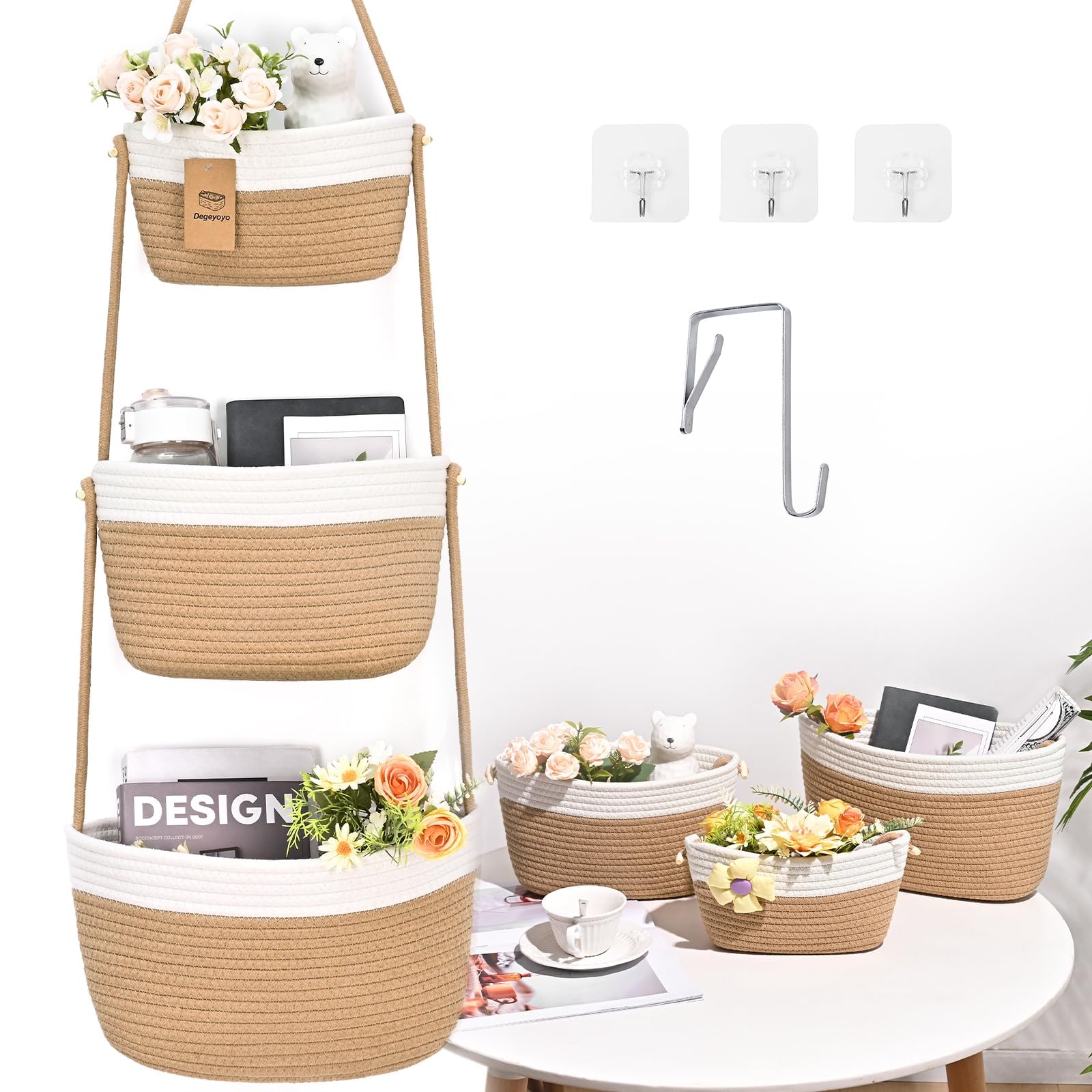 Hanging Basket, 3-Tier Woven Wall Basket with 4 Hooks, Cotton Rope Storage Baskets, Over the Door Organizer for Nursery, Bedroom, Cottage and Boho Wall Decor