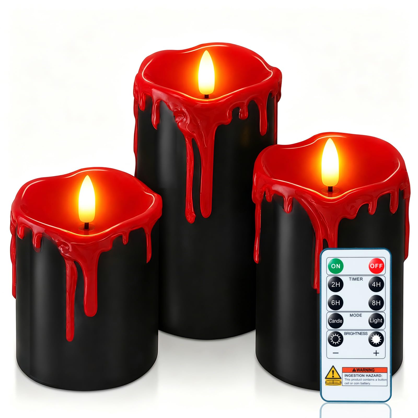 Homemory Black Red Drip Real Wax Flameless Candles, Remote Timer, Set of 3
