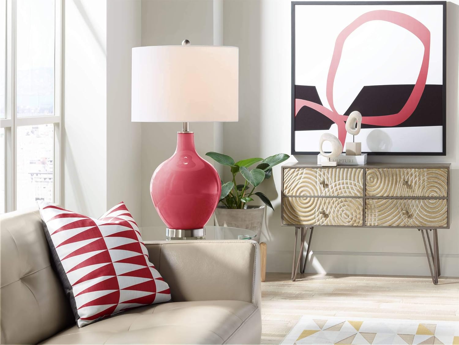 Color + Plus Modern Table Lamp 28.5" Tall Samba Red Glass OVO White Linen Drum Shade for Living Room Family Bedroom Bedside Nightstand Office