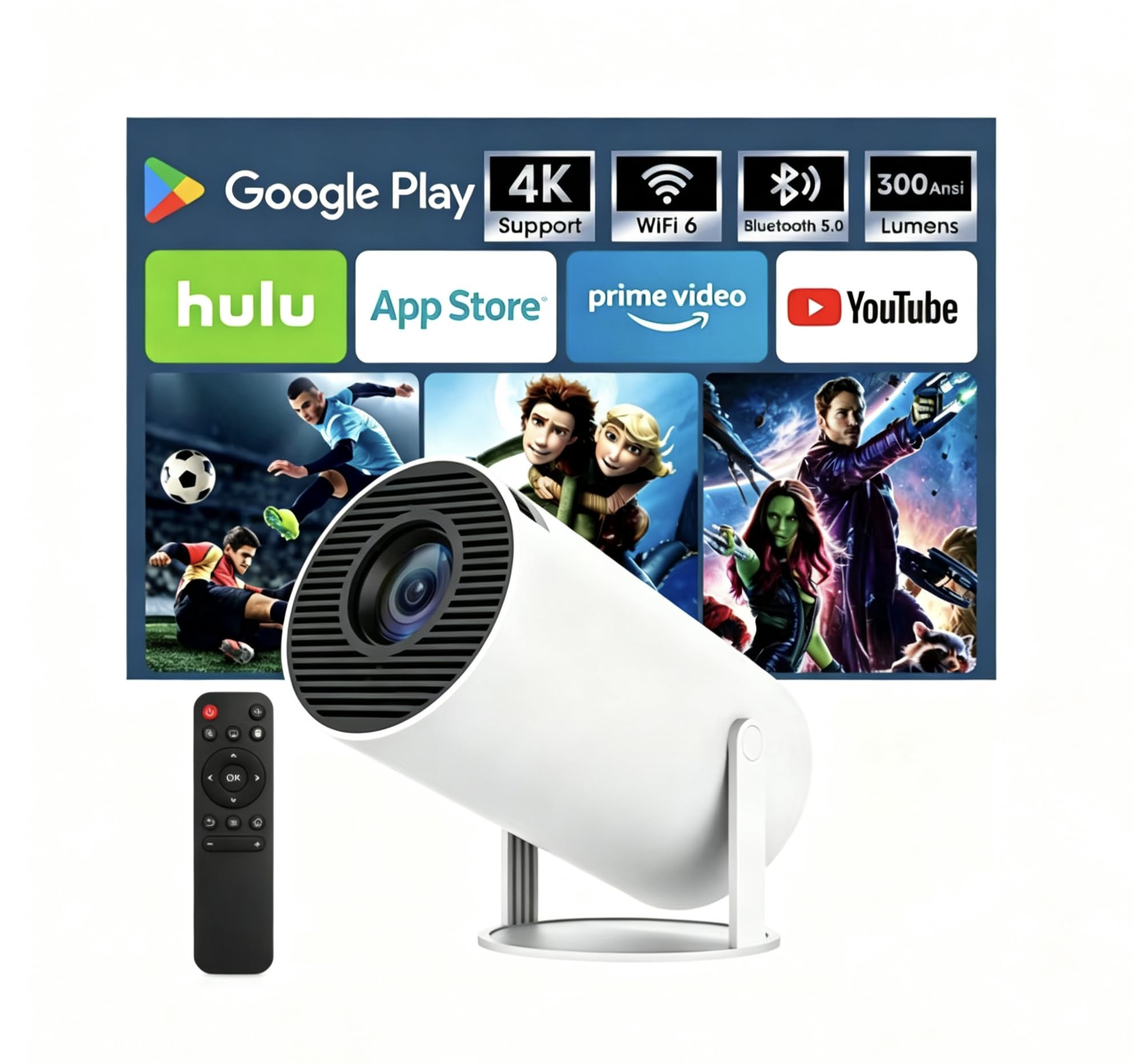 Mini Proiettore con Bluetooth e WiFi, Proiettore Portatile 4K 1080P Supporta, Rotazione 180°, per Interno/Esterno, Compatibile con HDMI/TV Stick/Laptop