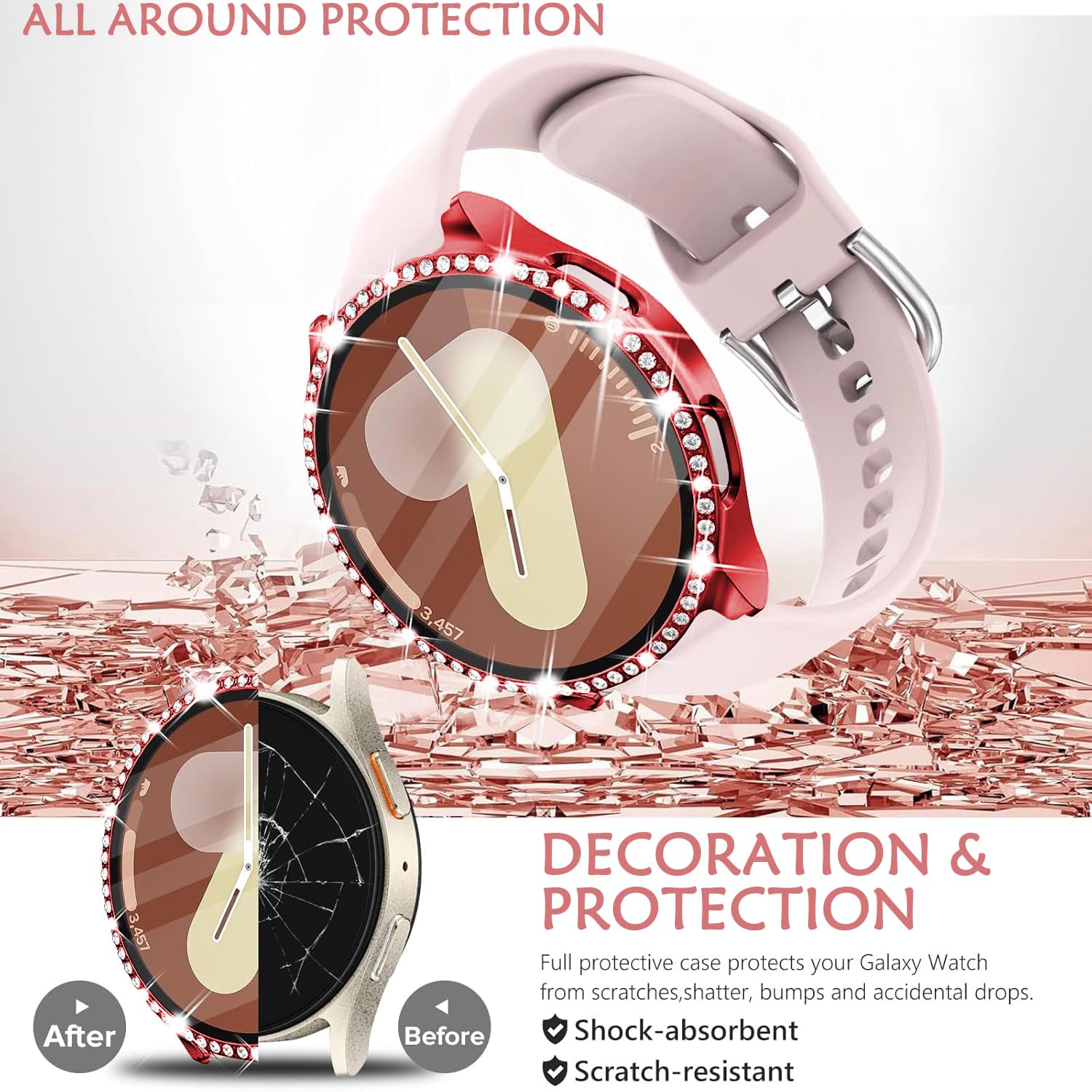 DEALELE [2-PACK] Case Compatible with Samsung Galaxy Watch 5/4 44mm, Bling Single-Row Diamond PC Protective Case Replacement Watch Cover Bumper (44mm, Gold+Transparent) — view 232