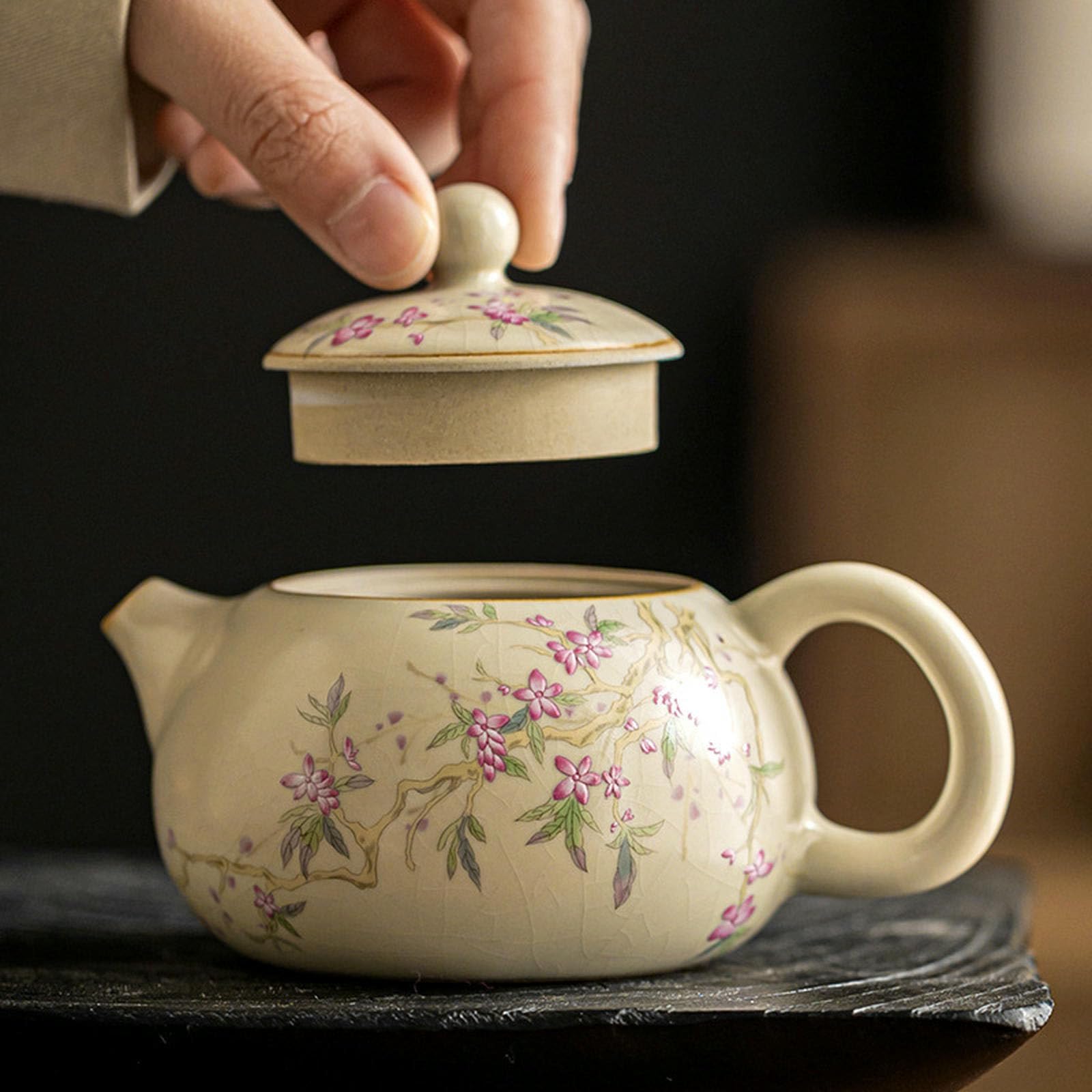 Chiński zestaw do herbaty Kung Fu z otwartym czajniczkiem o pojemności 180 ml/6 uncji, ceramiczny zestaw do herbaty Kung Fu, wypalany w piecu Ru w kolorze różowym, z okazji Święta Wiosny
