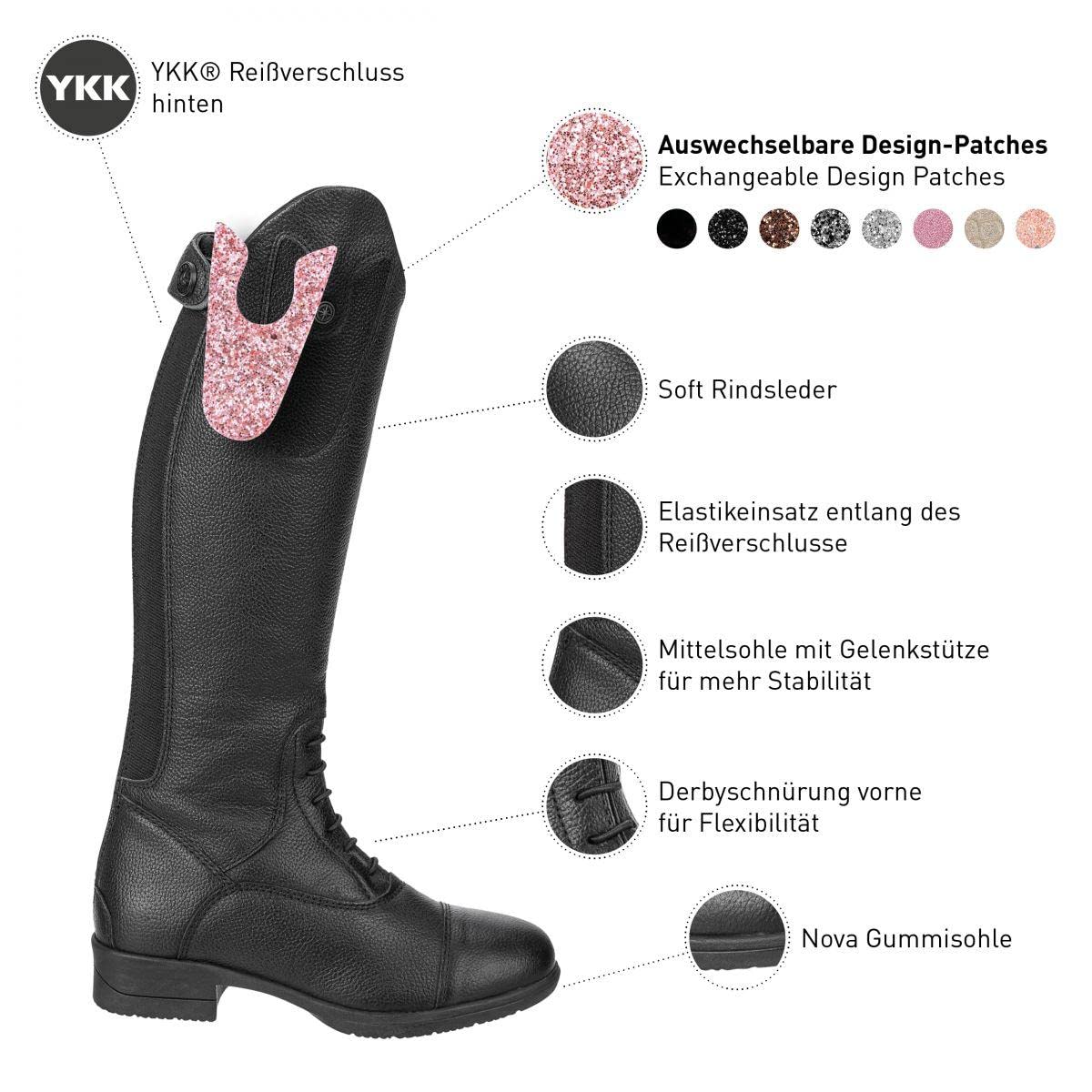 SUEDWIND FOOTWEAR Kinder-Reitstiefel aus Leder Nova Kids Fun Leather – Stiefel zum Reiten – Derby-Schnürung, Reißverschluss, Komfort-Innensohle & auswechselbare Patches – schwarz – 35-41