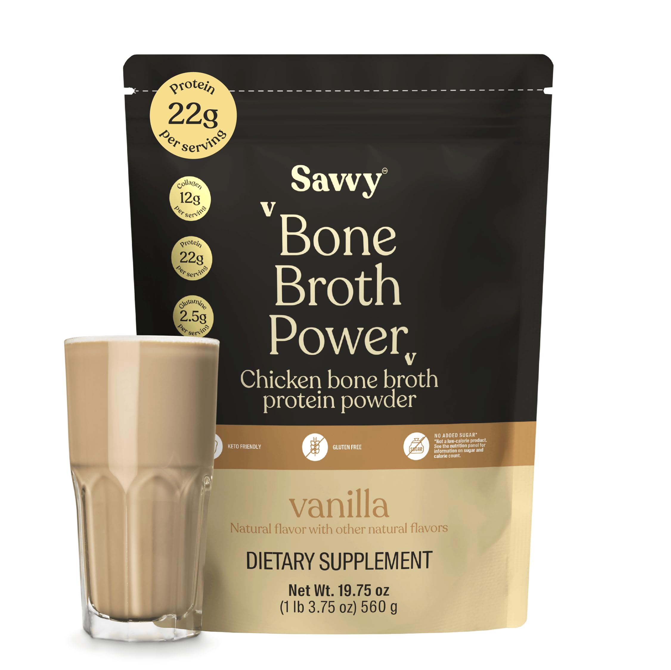 SAVVY Proteína em Pó de Caldo de Ossos de Frango, Baunilha, 22 g de proteína e 12 g de colágeno, 560 g