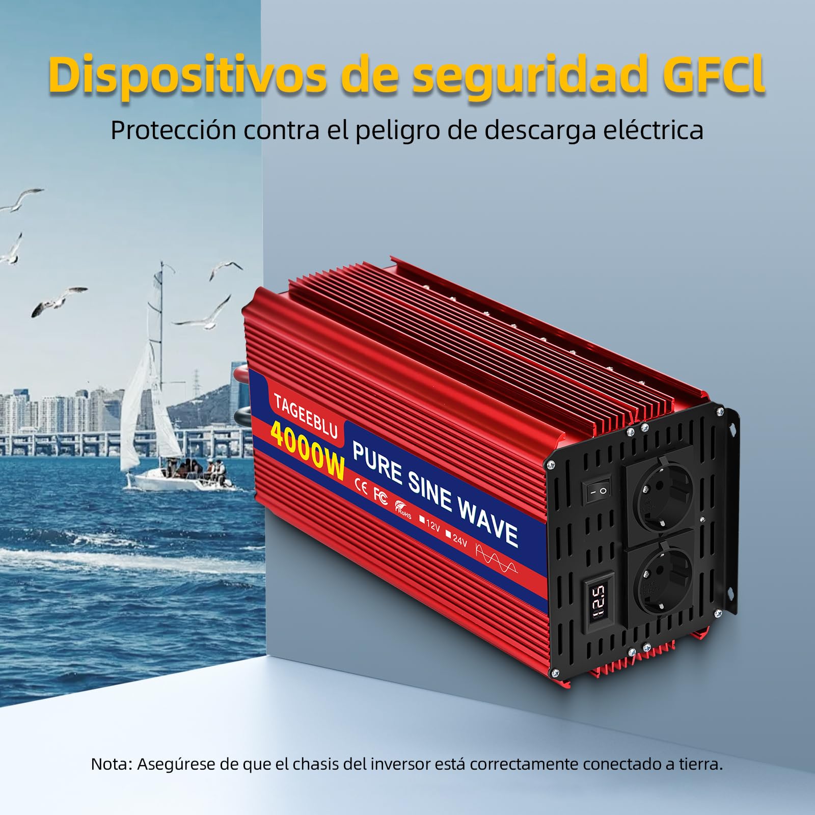 4000W inversor 12v 220v Onda Pura, convertidor 12v 220v con 2 AC Tomas, Pantalla LCD